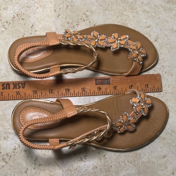 Womens Tan Beaded Floral Sandals Braided Strap Rhinestones Boho Fairy Cottage - Picture 6 of 9